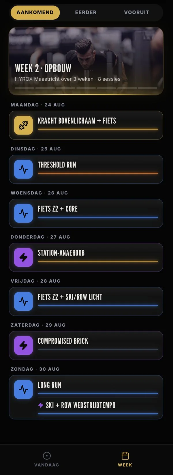 Persoonlijk HYROX trainingsschema in de Get Real Performance App: de week van Bart Jessen drie weken voor HYROX Maastricht